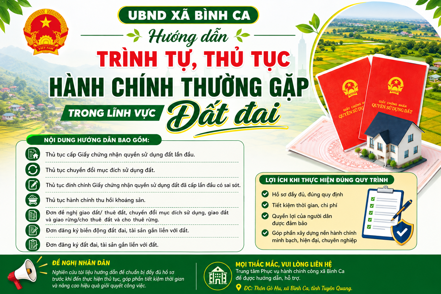 UBND XÃ BÌNH CA HƯỚNG DẪN TRÌNH TỰ, THỦ TỤC HÀNH CHÍNH THƯỜNG GẶP TRONG LĨNH VỰC ĐẤT ĐAI