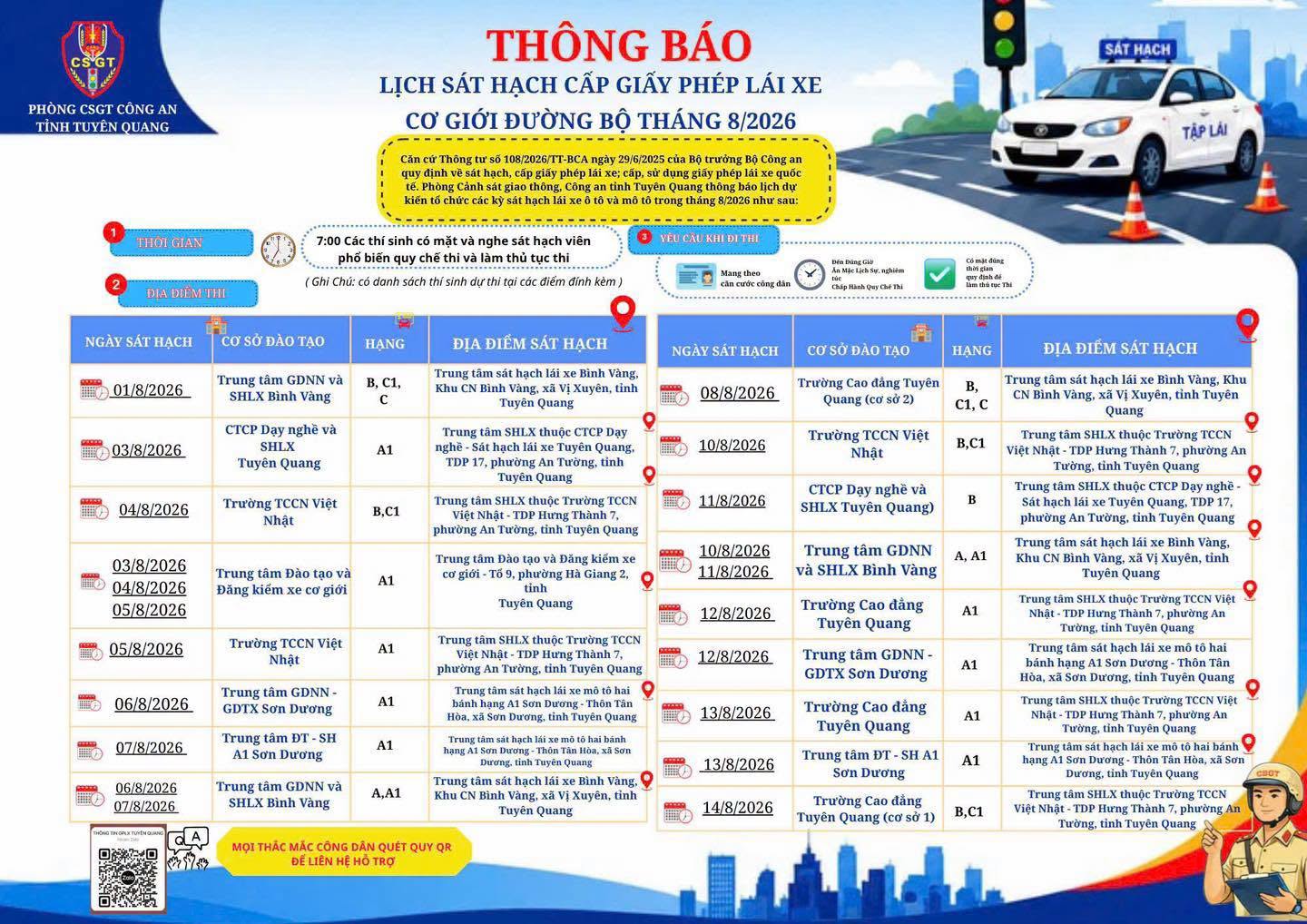 CÔNG AN TỈNH TUYÊN QUANG THÔNG BÁO LỊCH SÁT HẠCH CẤP GIẤY PHÉP LÁI XE CƠ GIỚI ĐƯỜNG BỘ THÁNG 8/2026