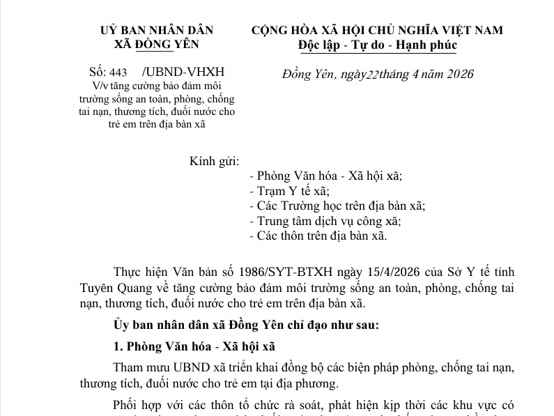 Số:  443/UBND-VHXH  V/v tăng cường bảo đảm môi  trường sống an toàn, phòng, chống  tai nạn, thương tích, đuối nước cho  trẻ em trên địa bàn xã 