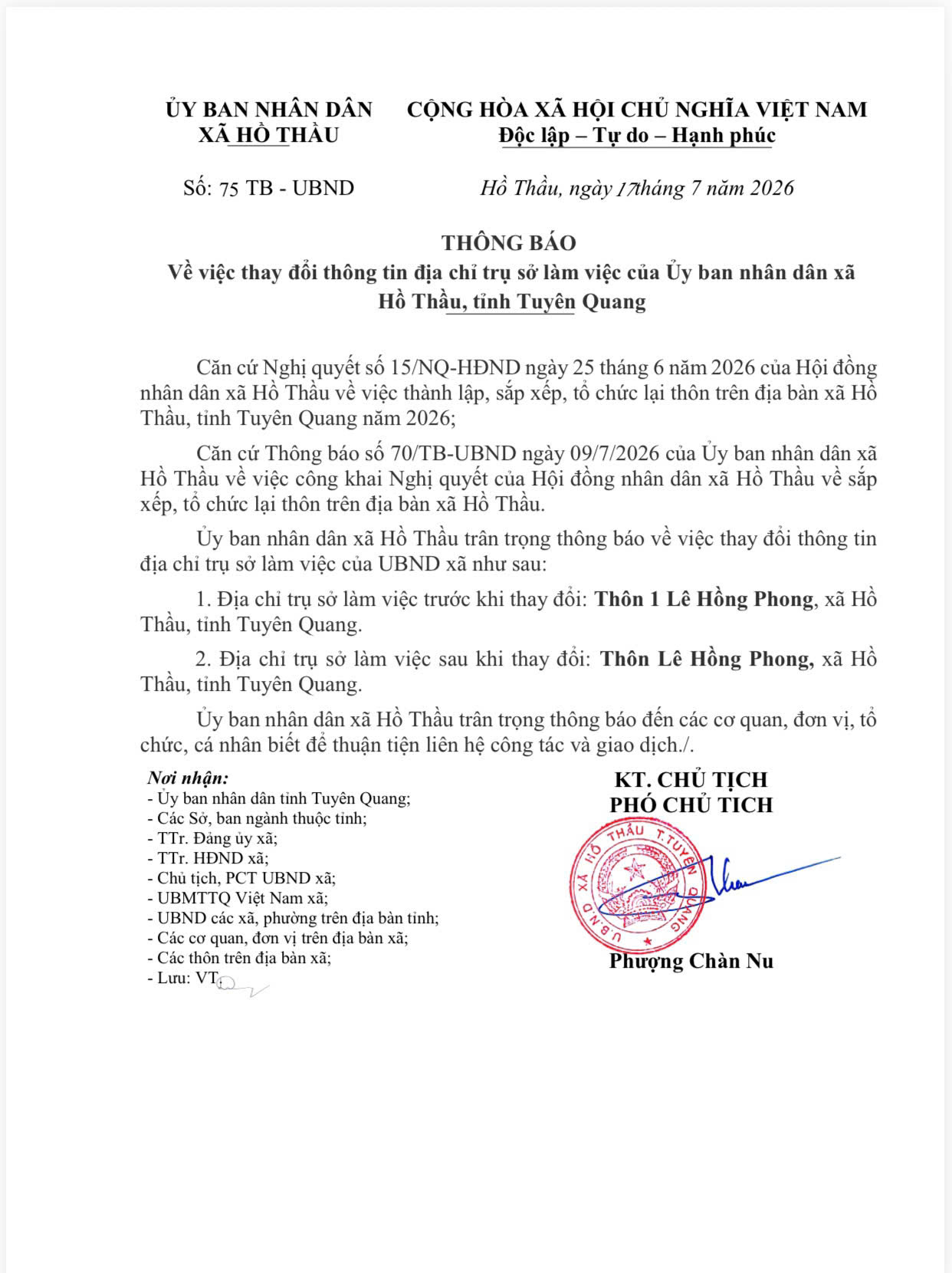 Thông báo: Về việc thay đổi thông tin địa chỉ trụ sở làm việc của Ủy ban nhân dân xã Hồ Thầu, tỉnh Tuyên Quang