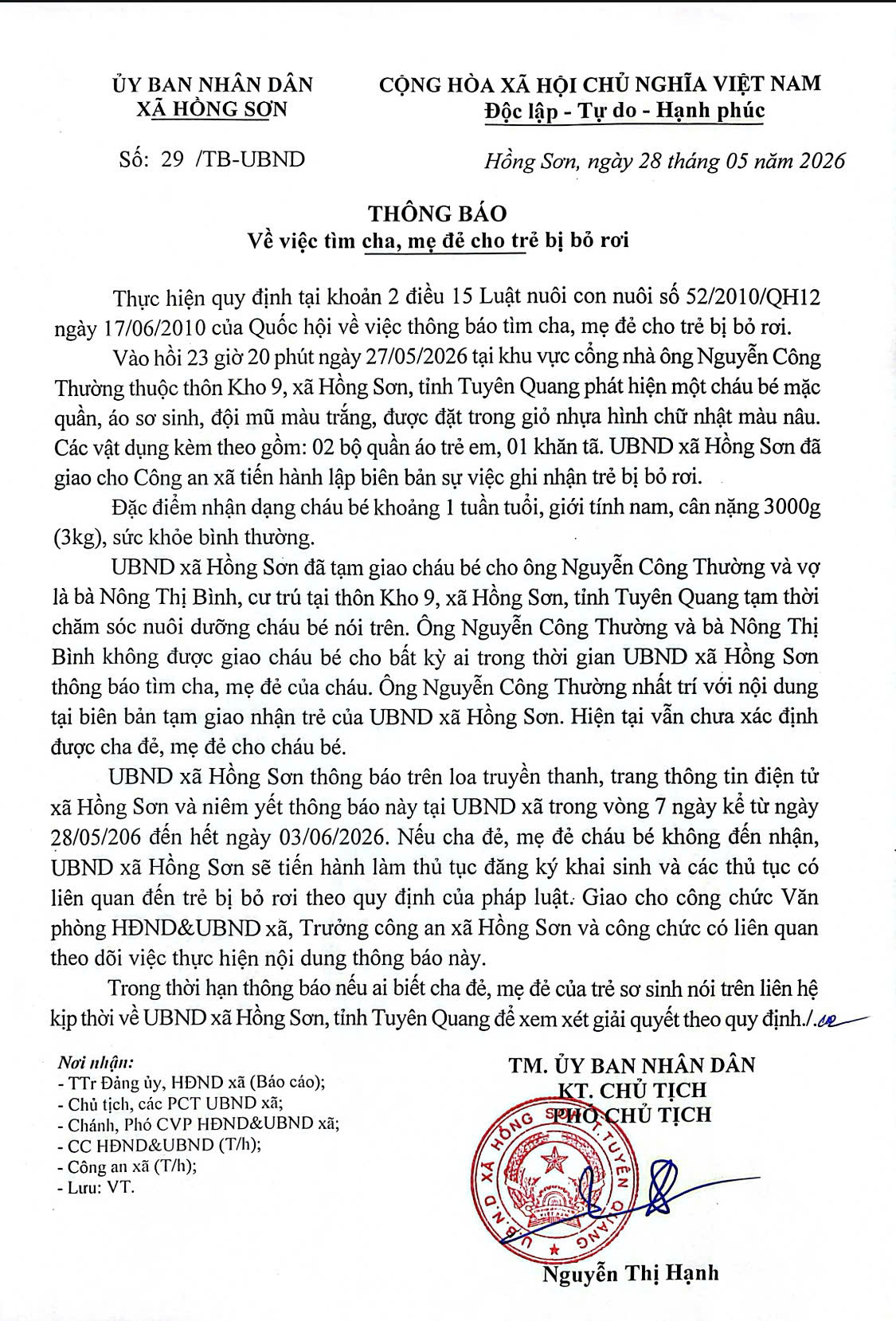 Thông báo tìm cha, mẹ đẻ cho trẻ bị bỏ rơi