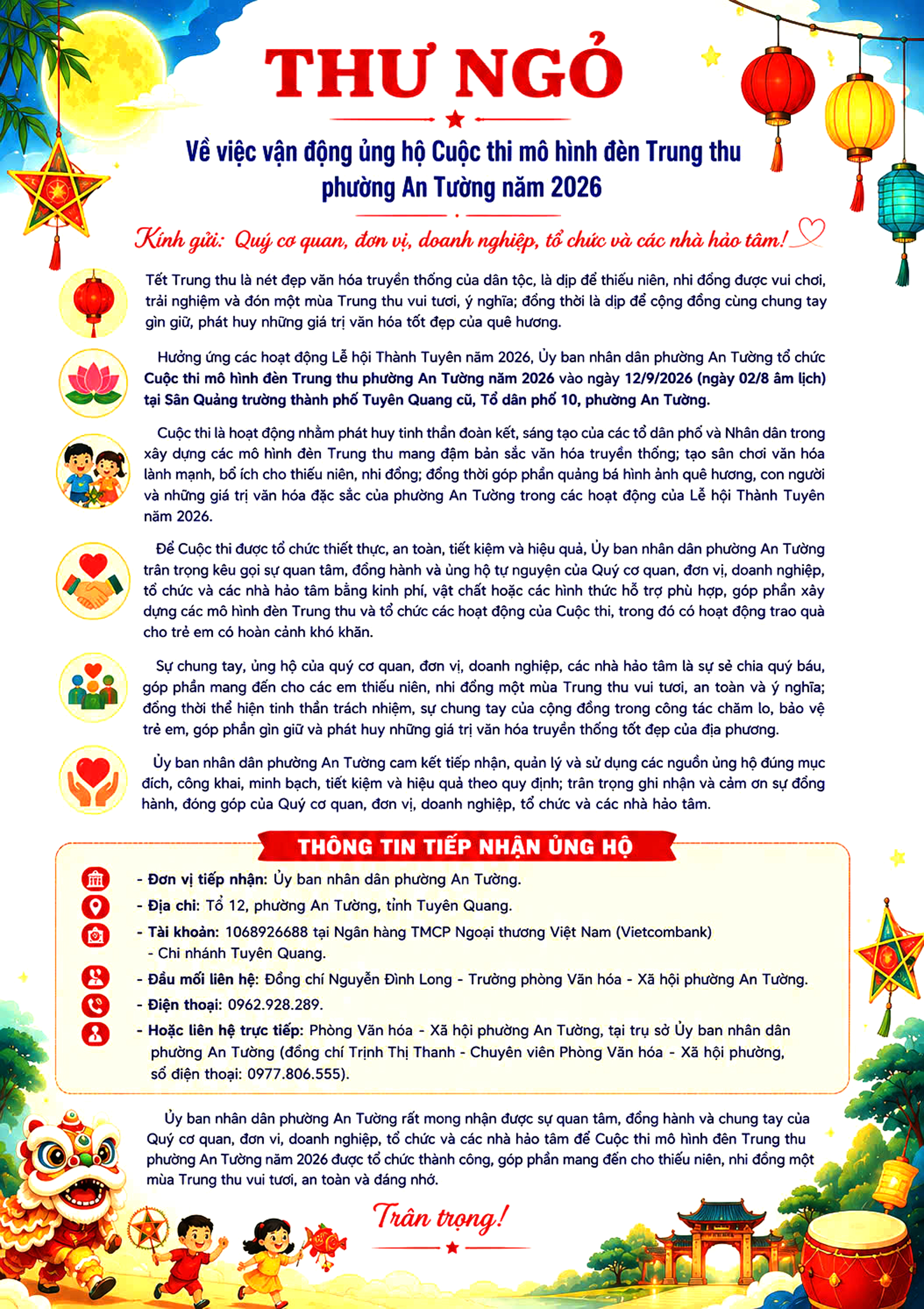 Thư ngỏ về việc vận động ủng hộ Cuộc thi mô hình đèn Trung thu phường An Tường năm 2026