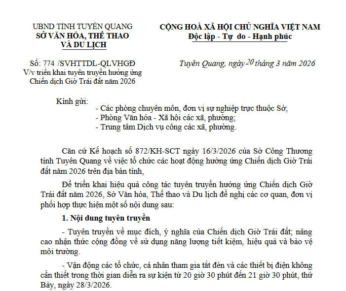  Triển khai tuyên truyền hưởng ứng Chiến dịch Giờ Trái đất năm 2026