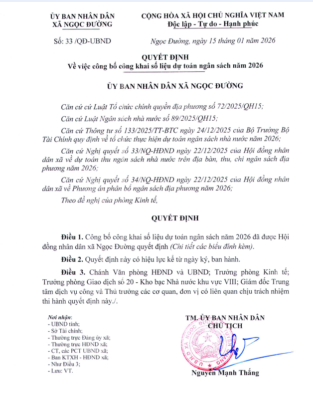 Quyết định số: 33/QĐ-UBND ngày 15 tháng 01 năm 2026 của UBND xã Ngọc Đường về việc công bố công khai số li