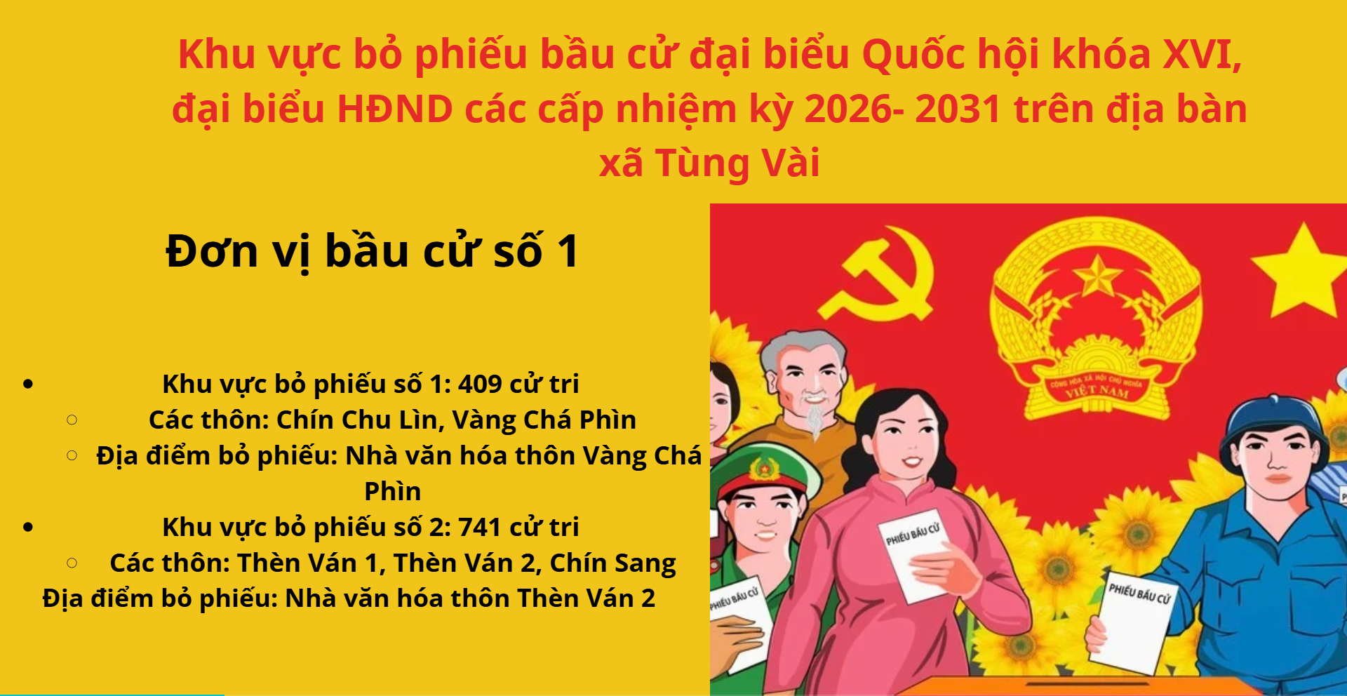 Danh sách khu vực bỏ phiếu bầu cử đại biểu Quốc hội XVI, đại biểu HĐND các cấp nhiệm kỳ 2026- 2031 trên địa bàn xã Tùng Vài