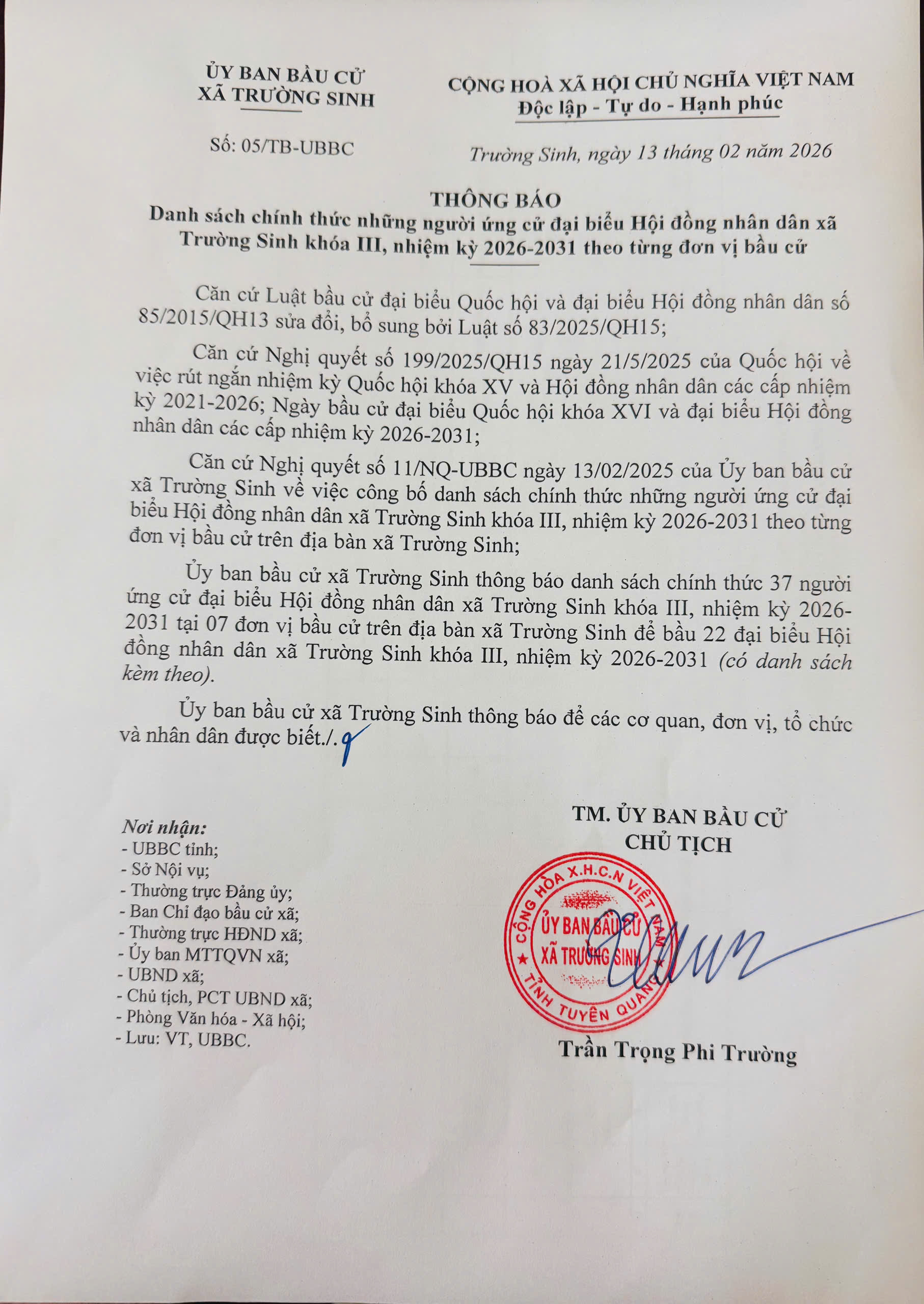 Ủy ban Bầu cử xã Trường Sinh Thông báo Danh sách chính thức những người ứng cử đại biểu Hội đồng nhân dân xã Trường Sinh khóa III, nhiệm kỳ 2026-2031 theo từng đơn vị bầu cử