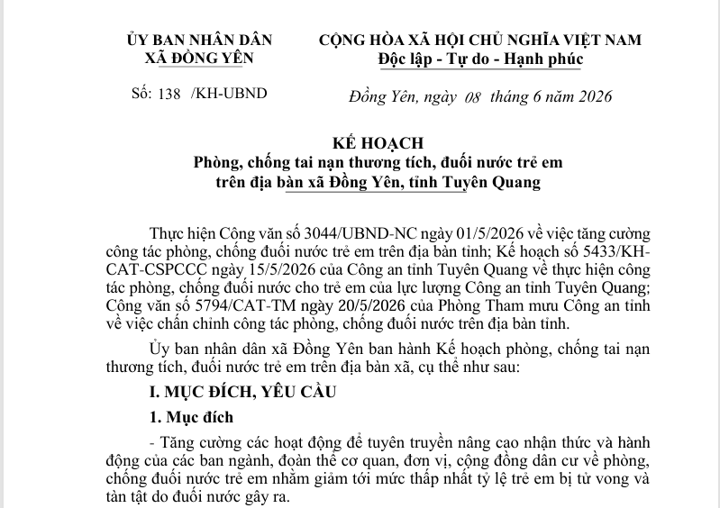 Số: 138/KH-UBND  KẾ HOẠCH  Phòng, chống tai nạn thương tích, đuối nước trẻ em  trên địa bàn xã Đồng Yên, tỉnh Tuyên Quang 