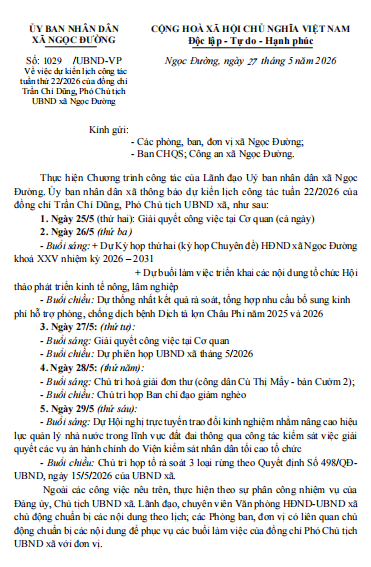 Số: 1029/UBND-VP ngày tháng 5 năm 2026 của UBND xã về việc dự kiến lịch công tác tuần thứ 22/2026 của đồng chí Trần Chí Dũng, Phó Chủ tịch UBND xã Ngọc Đường
