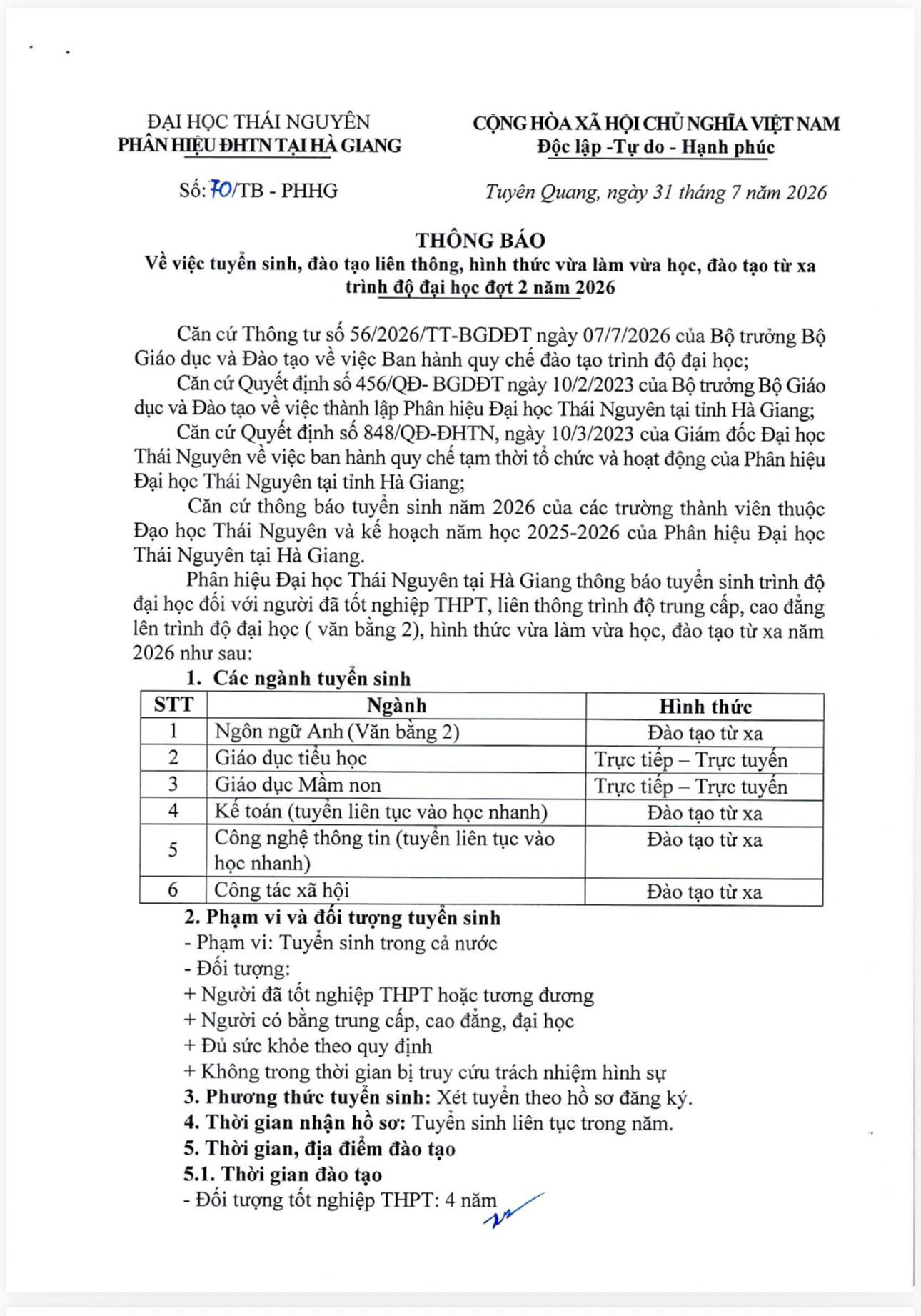 THÔNG BÁO VỀ VIỆC TUYỄN SINH, ĐÀO TẠO LIÊN THÔNG, HÌNH THỨC VỪA LÀM VỪA HỌC, ĐÀO TẠO TỪ XA TRÌNH ĐỘ ĐẠI HỌC ĐỢT 2 NĂM 2026