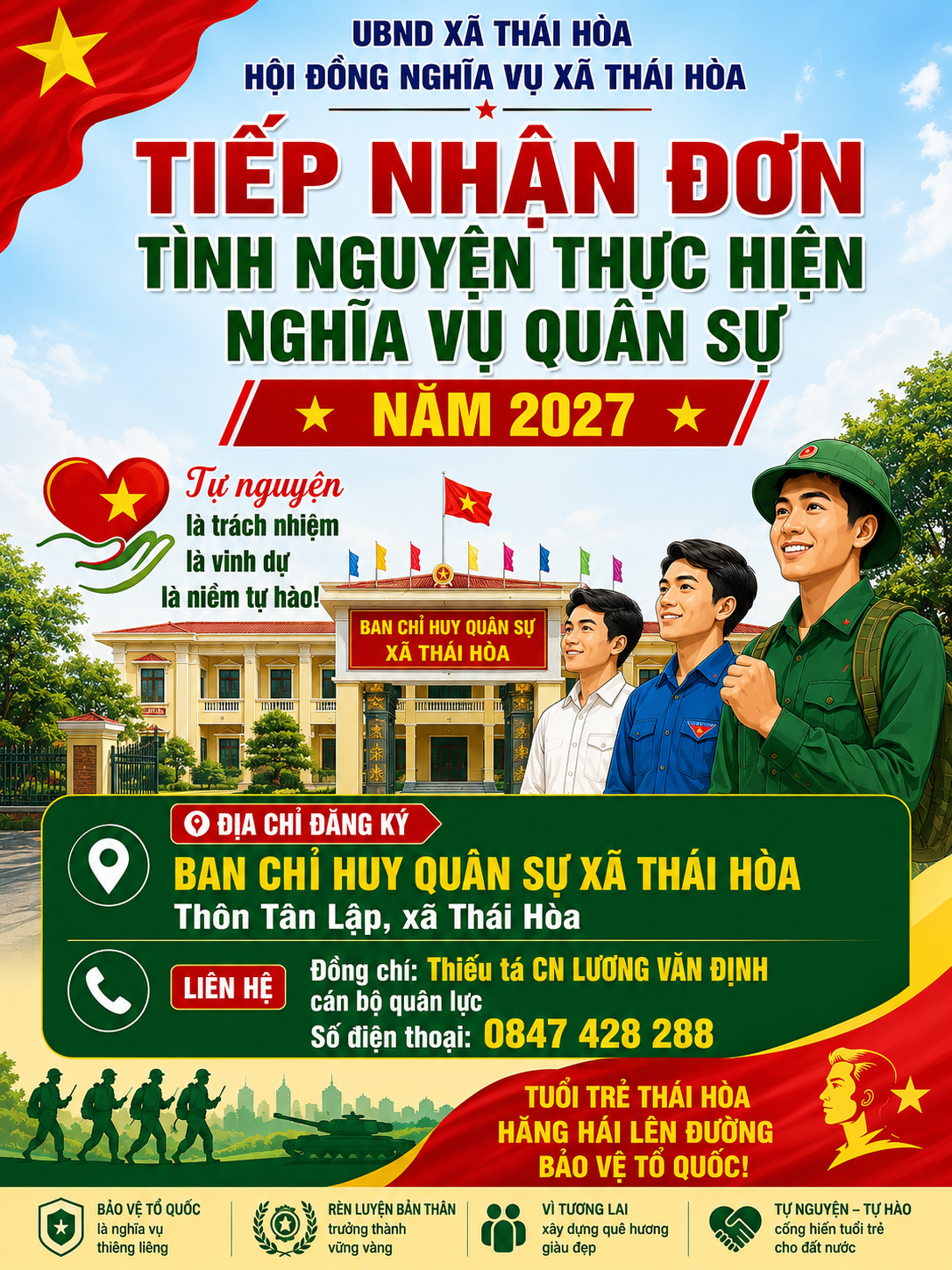 Thông báo: Hội đồng nghĩa vụ xã Thái Hòa thông báo về việc tiếp nhận đơn tình nguyện thực hiện nghĩa vụ quân sự năm 2027