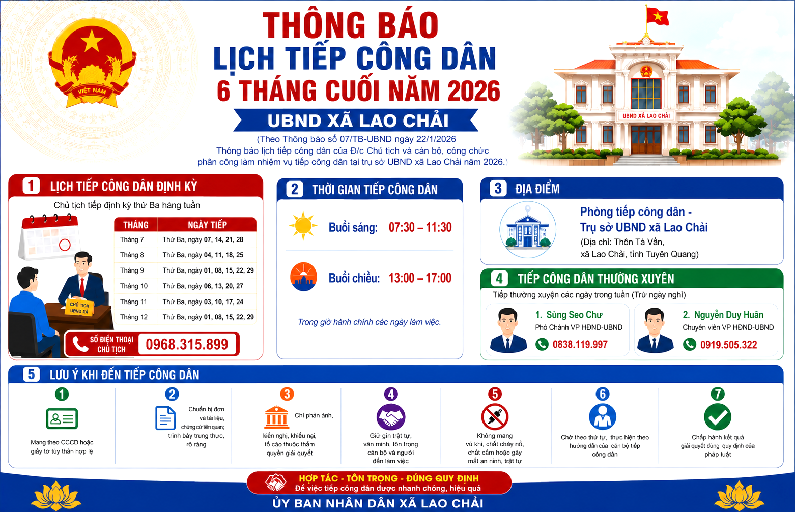 THÔNG BÁO Lịch tiếp công dân của đồng chí Chủ tịch và cán bộ, công chức được phân công làm nhiệm vụ tiếp công dân tại Trụ sở Ủy ban nhân dân xã Lao Chải năm 2026