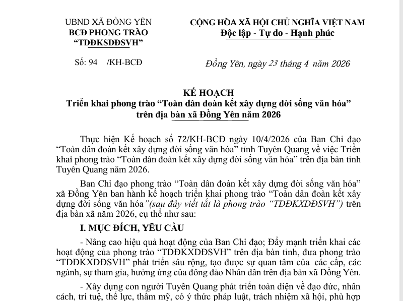 Số: 94/KH-BCĐ  KẾ HOẠCH  Triển khai phong trào “Toàn dân đoàn kết xây dựng đời sống văn hóa”  trên địa bàn xã Đồng Yên năm 2026