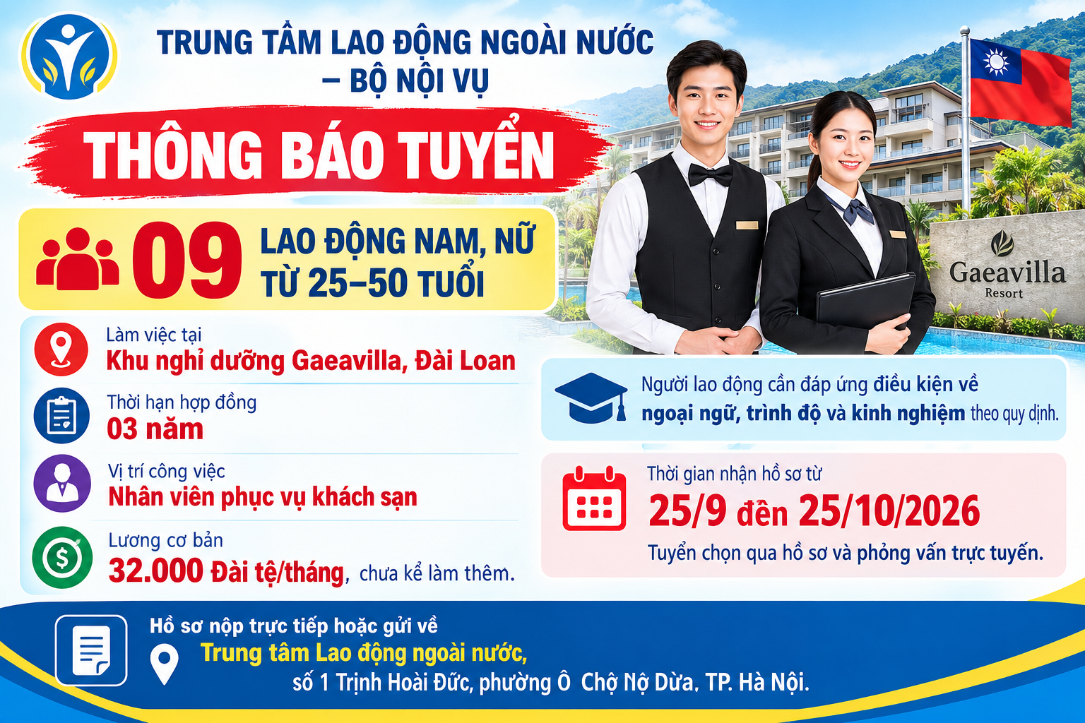 Thông báo tuyển dụng người lao động đi làm việc tại Đài Loan theo hình thức tuyển mộ trực tiếp