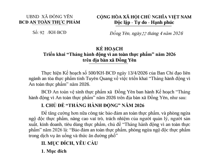 Số: 92/KH-BCĐ  KẾ HOẠCH  Triển khai “Tháng hành động vì an toàn thực phẩm” năm 2026   trên địa bàn xã Đồng Yên 