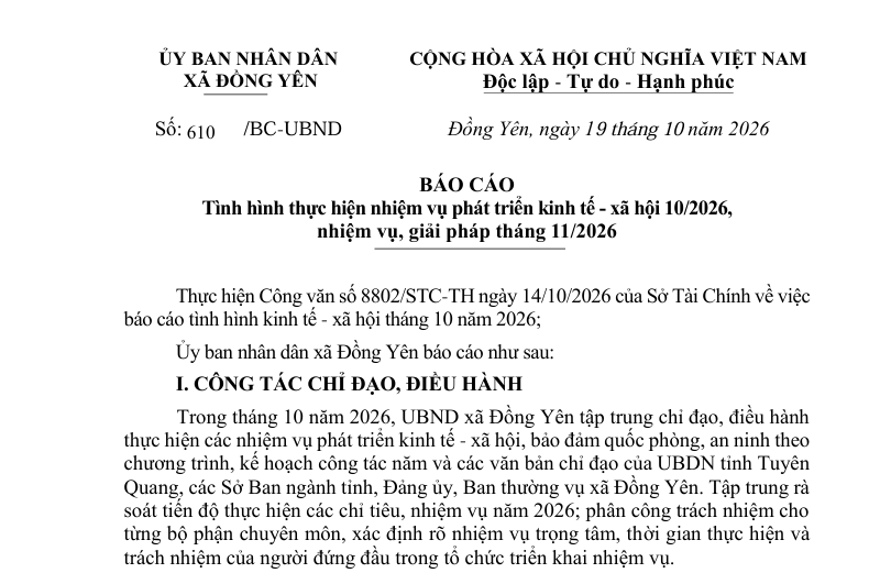 Số:  610/BC-UBND  BÁO CÁO  Tình hình thực hiện nhiệm vụ phát triển kinh tế - xã hội 10/2026,   nhiệm vụ, giải pháp tháng 11/2026 
