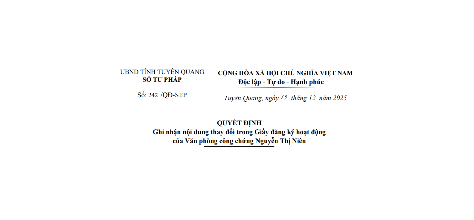 Quyết định ghi nhận việc thay đổi nội dung đăng ký hoạt động của Văn phòng công chứng Nguyễn Thị Niên