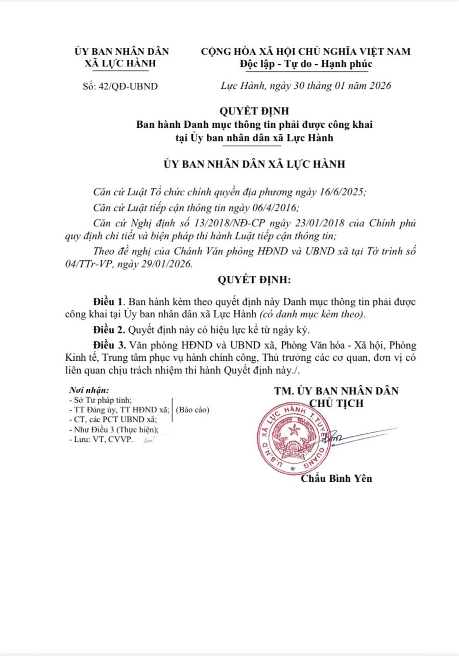 Ban hành Danh mục thông tin phải được công khai tại Ủy ban nhân dân xã Lực Hành