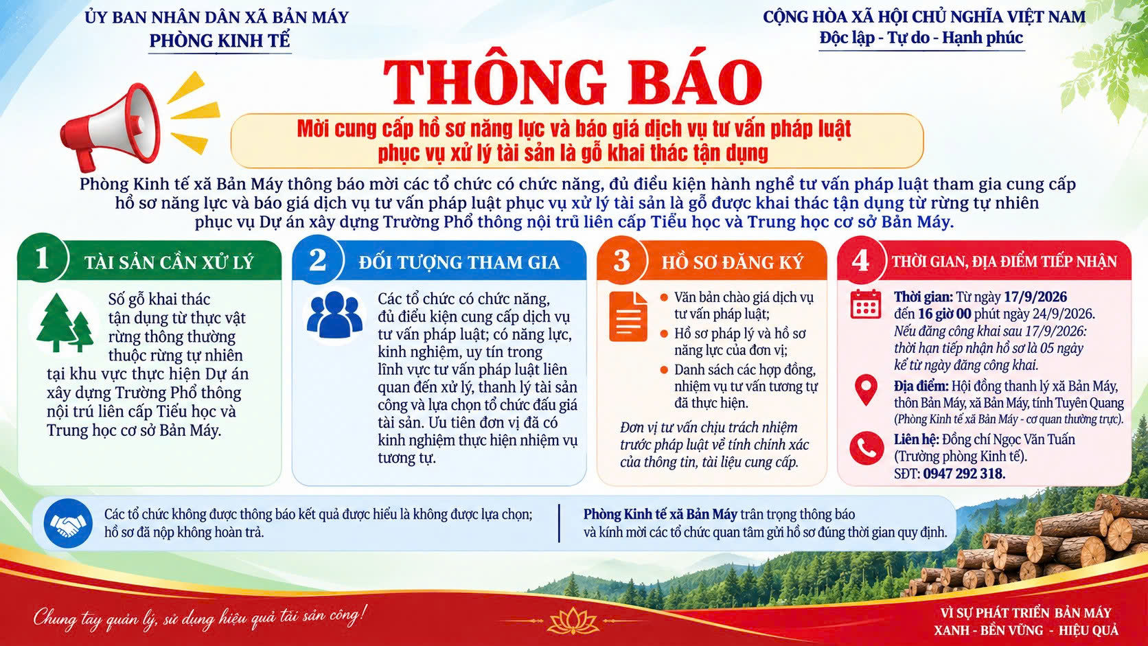 THÔNG BÁO Mời cung cấp hồ sơ năng lực và báo giá dịch vụ tư vấn pháp luật phục vụ xử lý tài sản là gỗ khai thác tận dụng