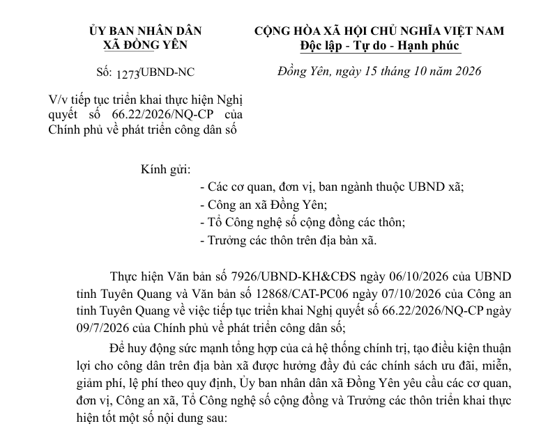 Số: 1273/UBND-NC  V/v tiếp tục triển khai thực hiện Nghị  quyết số 66.22/2026/NQ-CP của  Chính phủ về phát triển công dân số 