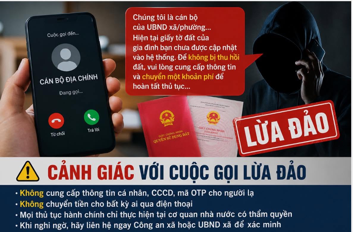 CẢNH BÁO THỦ ĐOẠN LỪA ĐẢO GIẢ DANH CÁN BỘ NHÀ NƯỚC GỌI ĐIỆN ĐĂNG KÝ LÀM GIẤY CHỨNG NHẬN QUYỀN SỬ DỤNG ĐẤT