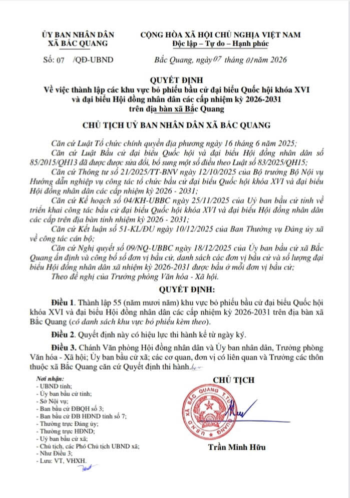 QUYẾT ĐỊNH Về việc thành lập các khu vực bỏ phiếu bầu cử đại biểu Quốc hội khóa XVI và đại biểu Hội đồng nhân dân các cấp nhiệm kỳ 2026-2031 trên địa bàn xã Bắc Quang