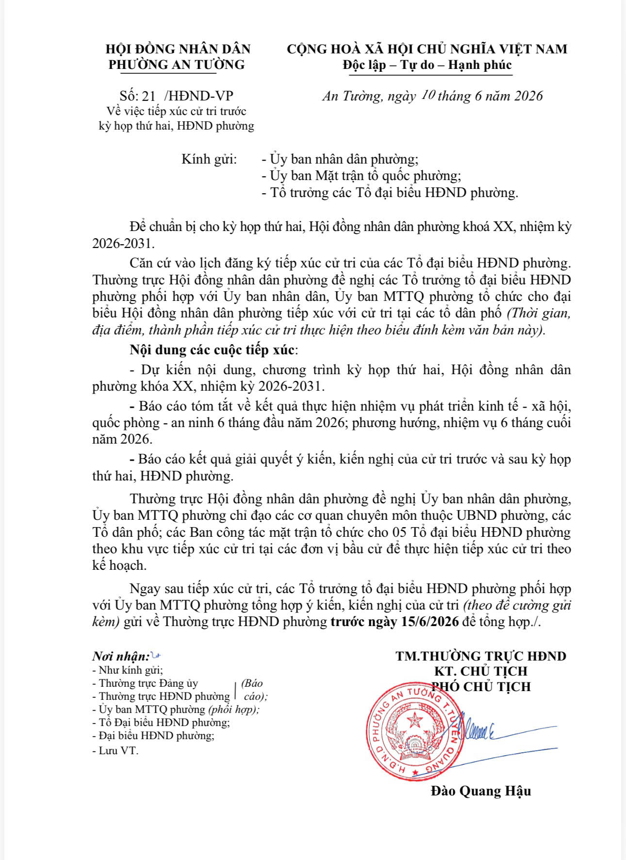 HĐND phường An Tường thông báo về việc tiếp xúc cử tri trước   kỳ họp thứ hai, HĐND phường 