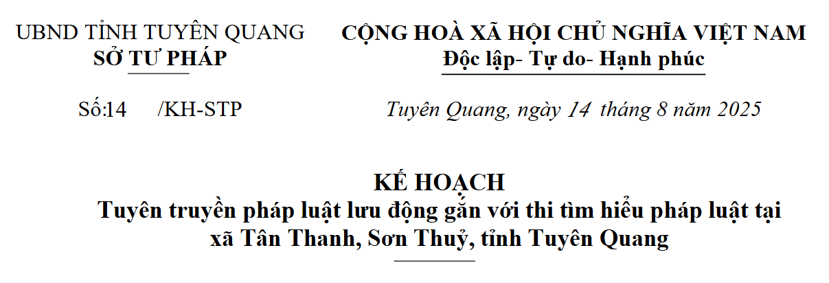 Kế hoạch Tuyên truyền pháp luật lưu động gắn với thi tìm hiểu pháp luật tại xã Tân Thanh, Sơn Thuỷ, tỉnh Tuyên Quang