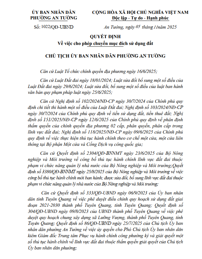 QUYẾT ĐỊNH: VỀ VIỆC CHO PHÉP CHUYỂN MỤC ĐÍCH SỬ DỤNG ĐẤT CHO BÀ NGUYỄN THỊ PHƯỜNG - ĐỊA CHỈ: THÔN 7, XÃ ĐẠ TÈH, TỈNH LÂM ĐỒNG