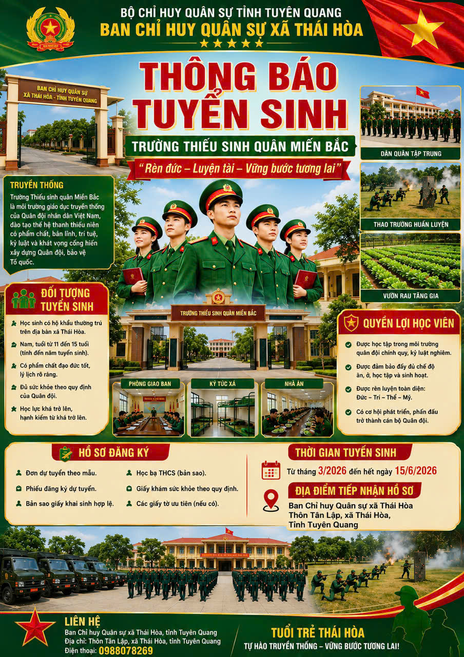 THÔNG BÁO TIẾP NHẬN HỒ SƠ TUYỂN SINH VÀO ĐÀO TẠO TẠI TRƯỜNG THIẾU SINH QUÂN MIỀN BẮC NĂM HỌC 2026-2027.