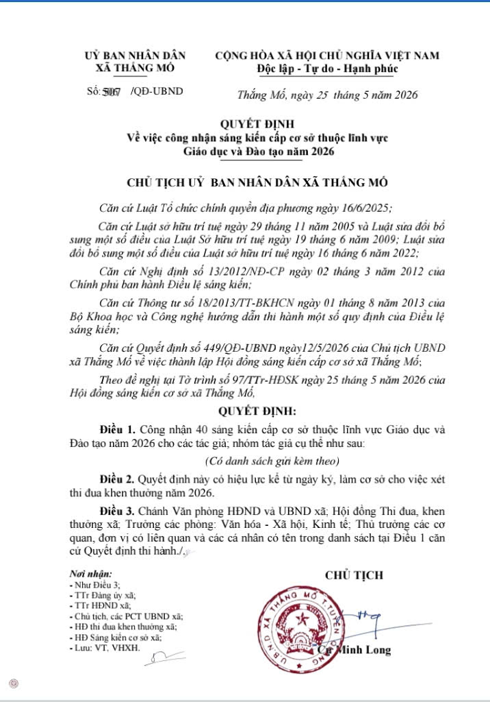 XÃ THẮNG MỐ CÔNG NHẬN 40 SÁNG KIẾN CẤP CƠ SỞ THUỘC LĨNH VỰC GIÁO DỤC VÀ ĐÀO TẠO NĂM 2026