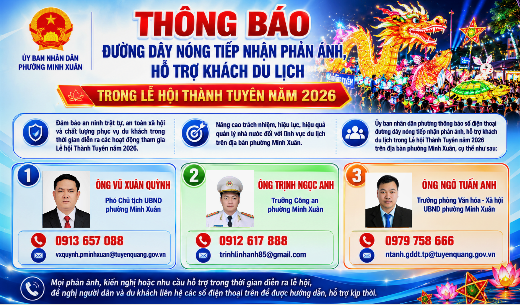 THÔNG BÁO ĐƯỜNG DÂY NÓNG TIẾP NHẬN PHẢN  ÁNH, HỖ TRỢ KHÁCH DU LỊCH