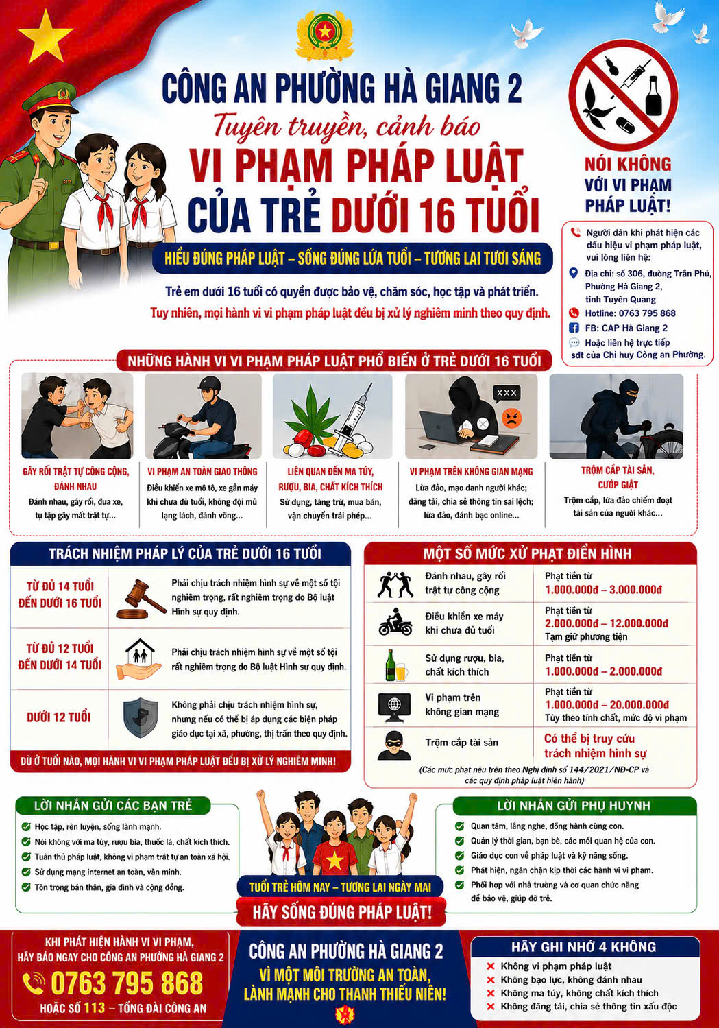CÔNG AN PHƯỜNG HÀ GIANG 2 TUYÊN TRUYỀN, CẢNH BÁO VI PHẠM PHÁP LUẬT CỦA TRẺ DƯỚI 16 TUỔI 