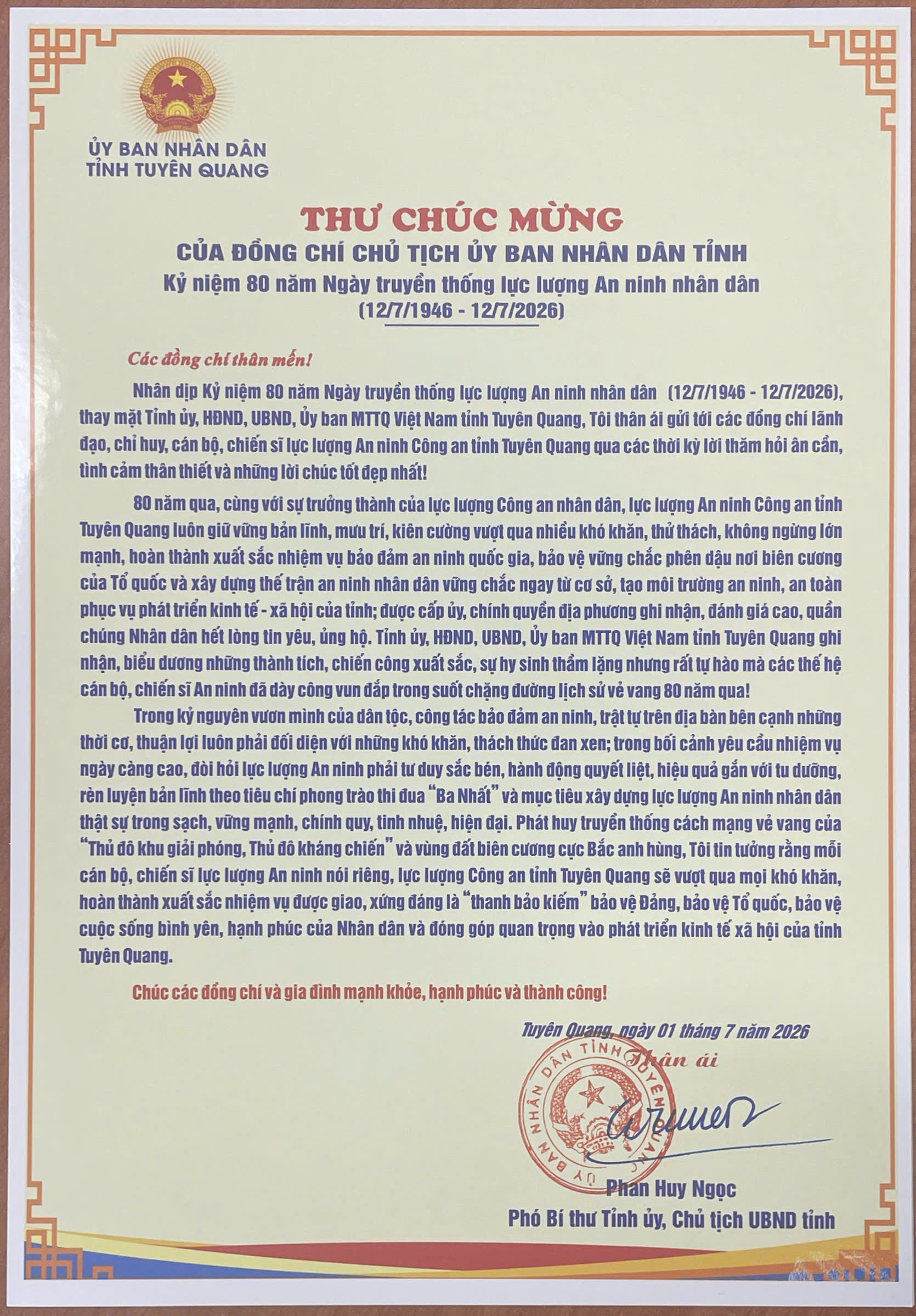 Thư chúc mừng của Đồng chí chủ tịch Ủy ban nhân dân tỉnh nhân dịp Kỷ niệm 80 năm ngày truyền thống lực lượng An ninh nhân dân (12/7/1946 - 12/7/2026)