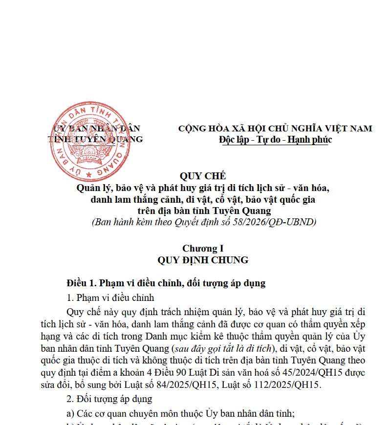 QUY CHẾ Quản lý, bảo vệ và phát huy giá trị di tích lịch sử - văn hóa, danh lam thắng cảnh, di vật, cổ vật, bảo vật quốc gia trên địa bàn tỉnh Tuyên Quang