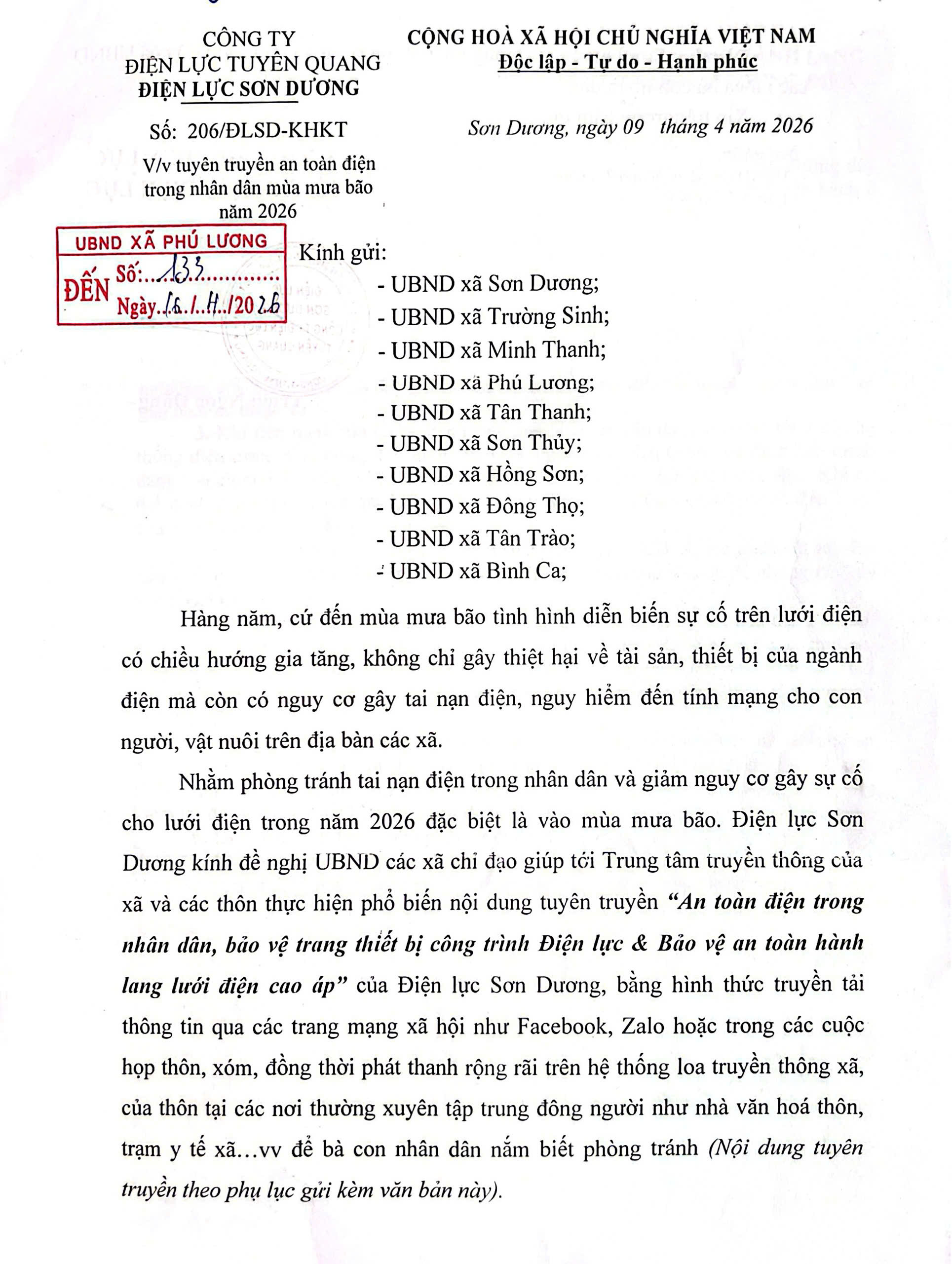 PHÚ LƯƠNG TĂNG CƯỜNG TUYÊN TRUYỀN AN TOÀN ĐIỆN TRONG MÙA MƯA BÃO NĂM 2026