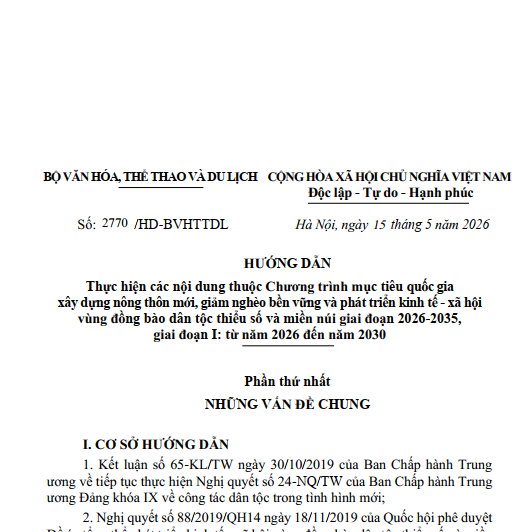 HƯỚNG DẪN Thực hiện các nội dung thuộc Chương trình mục tiêu quốc gia xây dựng nông thôn mới, giảm nghèo bền vững và phát triển kinh tế - xã hội vùng đồng bào dân tộc thiểu số và miền núi giai đoạn 2026-2035, giai đoạn I: từ năm 2026 đến năm 2030