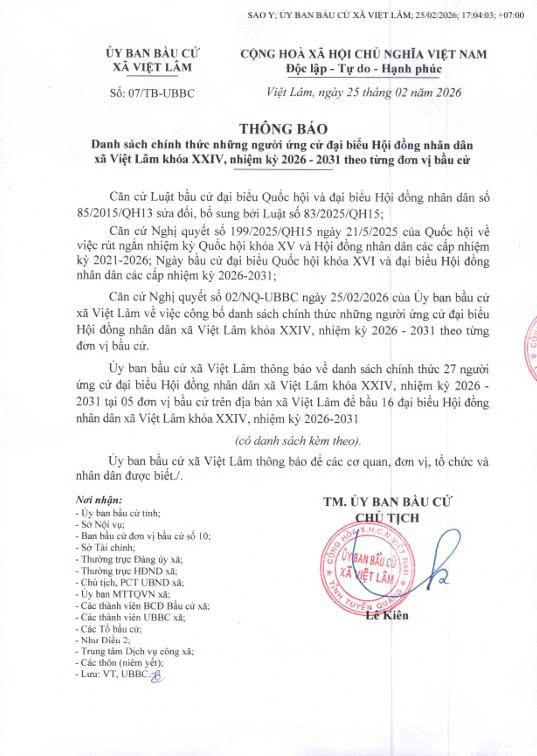 Thông báo danh sách chính thức những người ứng cử Đại biểu Hội đồng nhân dân xã Việt Lâm khóa XXIV nhiệm kỳ 2026-2031 theo từng đơn vị bầu cử