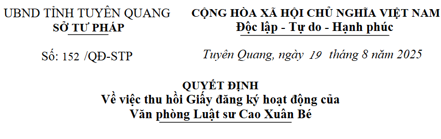 Quyết định số 152/QĐ-STP ngày 19/8/2025 của Giám đốc Sở Tư pháp tỉnh Tuyên Quang