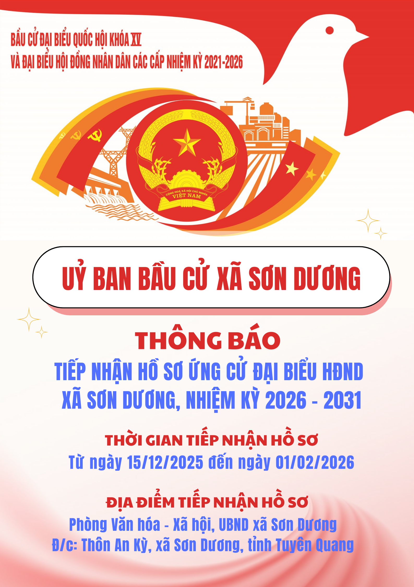 Thông báo tiếp nhận hồ sơ ứng cử đại biểu Hội đồng nhân dân xã Sơn Dương, nhiệm kỳ 2026 - 2031