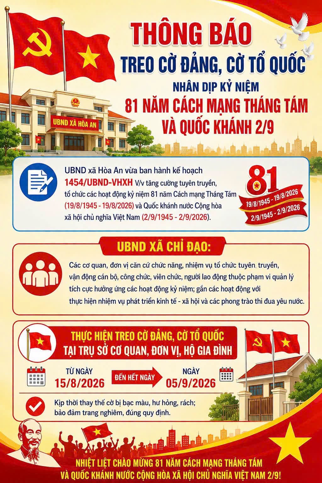 THÔNG BÁO TREO CỜ ĐẢNG, CỜ TỔ QUỐC NHÂN DỊP KỶ KIỆM 81 NĂM CÁCH MẠNG THÁNG TÁM VÀ QUỐC KHÁNH 2/9.