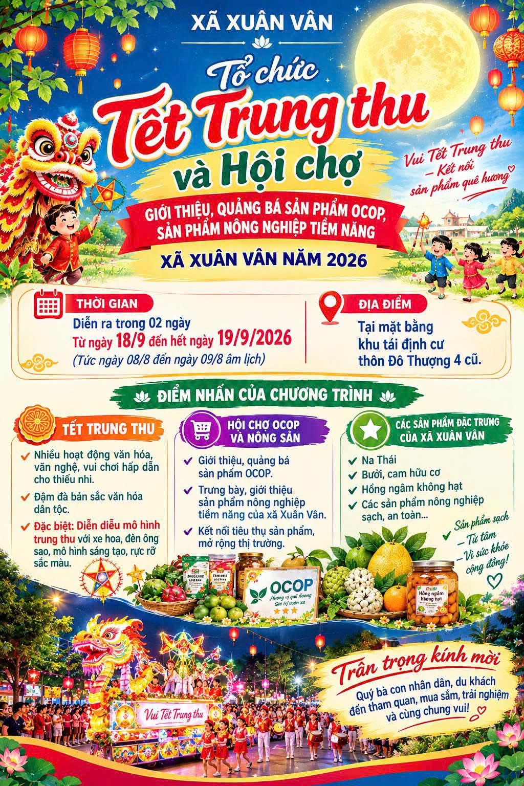 TỔ CHỨC TẾT TRUNG THU VÀ HỘI CHỢ GIỚI THIỆU, QUẢNG BÁ SẢN PHẨM OCOP, SẢN PHẨM NÔNG NGHIỆP TIỀM NĂNG TẠI XÃ XUÂN VÂN