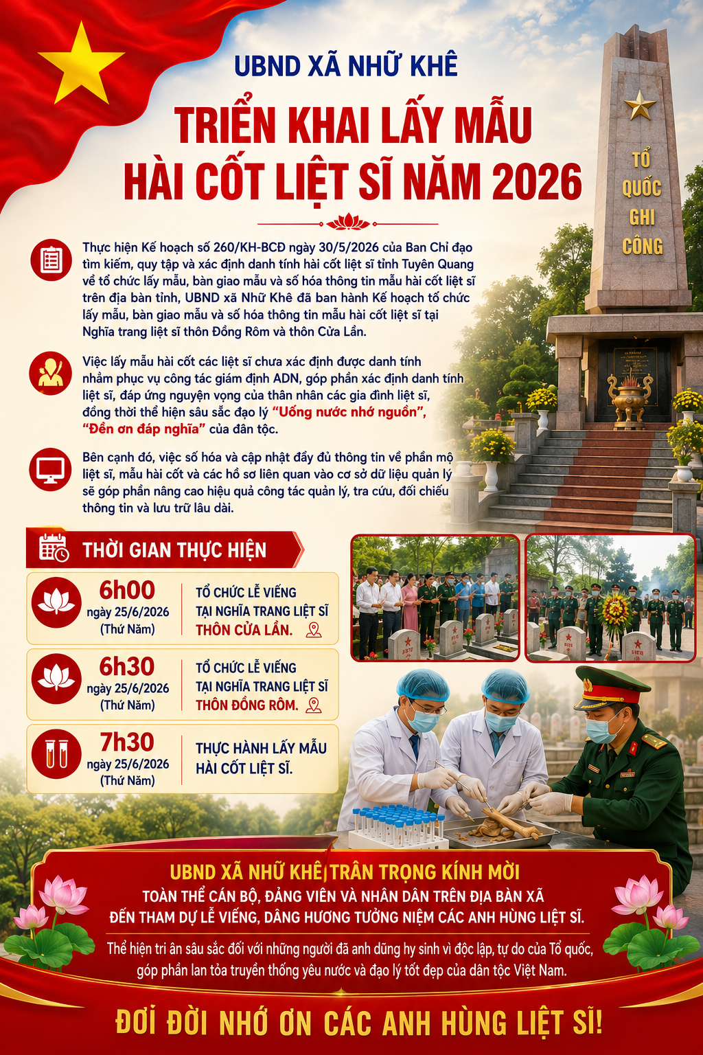 Nhữ Khê triển khai lấy mẫu hài cốt liệt sĩ năm 2026