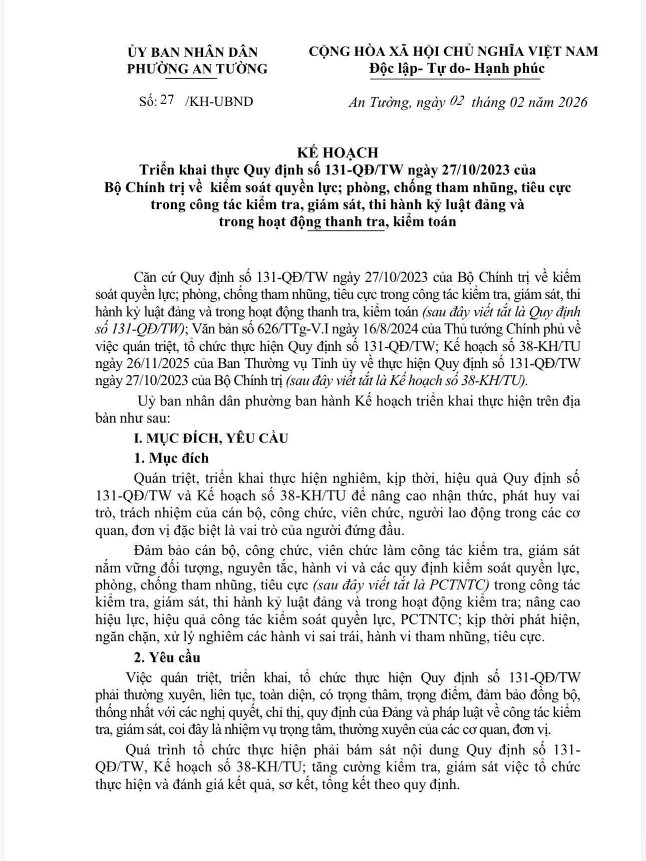 Kế hoạch Triển khai thực Quy định số 131-QĐ/TW ngày 27/10/2023 của   Bộ Chính trị về  kiểm soát quyền lực; phòng, chống tham nhũng, tiêu cực  trong công tác kiểm tra, giám sát, thi hành kỷ luật đảng và   trong hoạt động thanh tra, kiểm toán