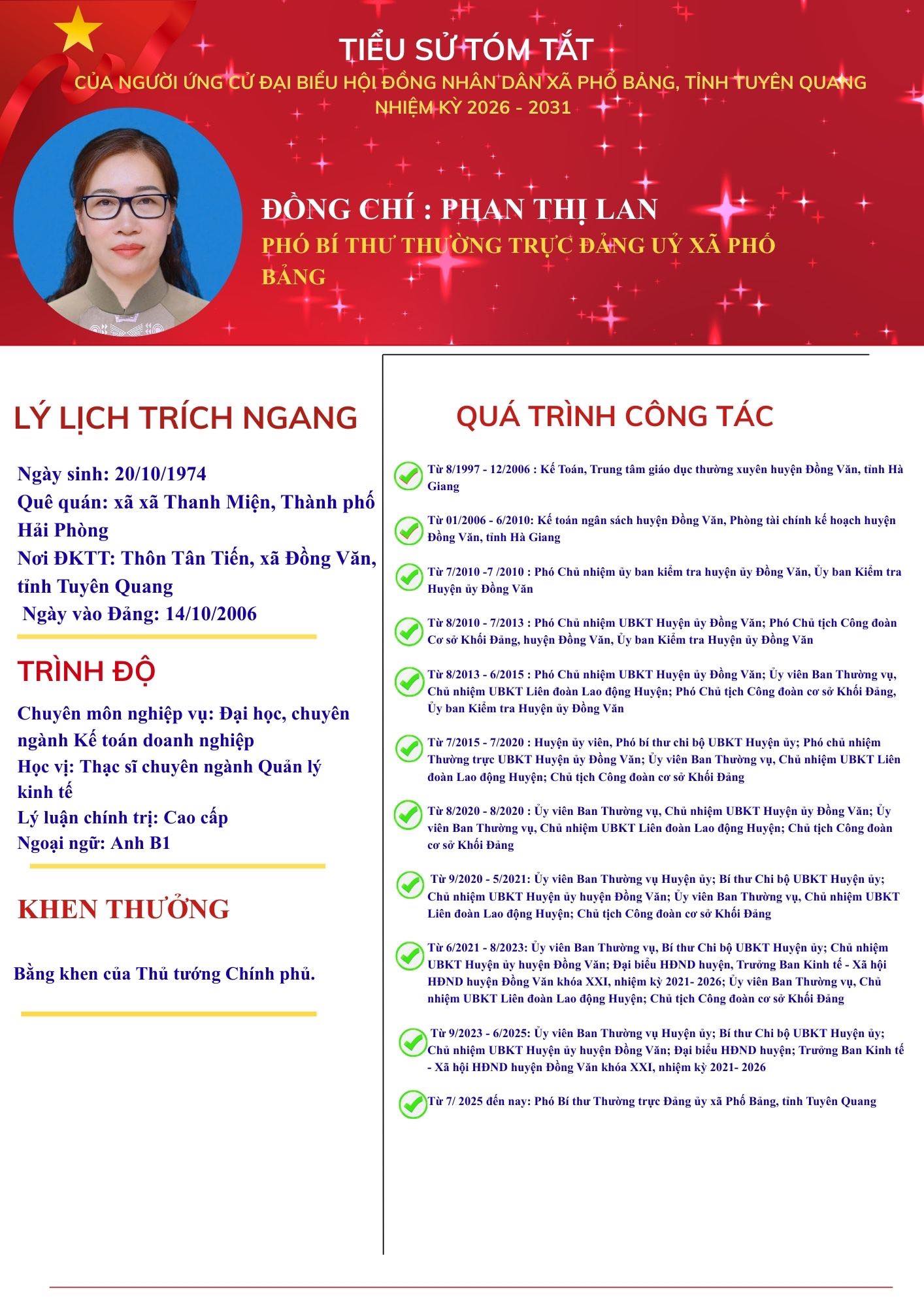 Tiểu sử tóm tắt đồng chí Phan Thị Lan, Phó Bí thư Thường trực Đảng uỷ xã Phố Bảng