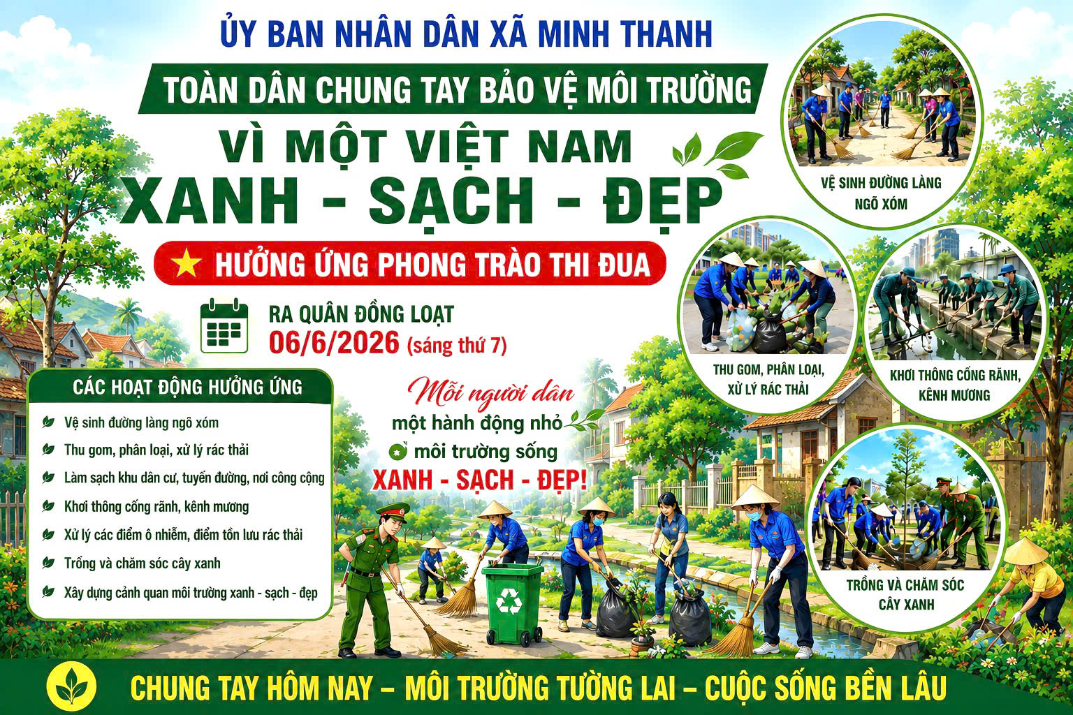 Xã Minh Thanh sẽ đồng loạt tổ chức ra quân vệ sinh môi trường trên địa bàn xã vào sáng ngày 6/6/2026