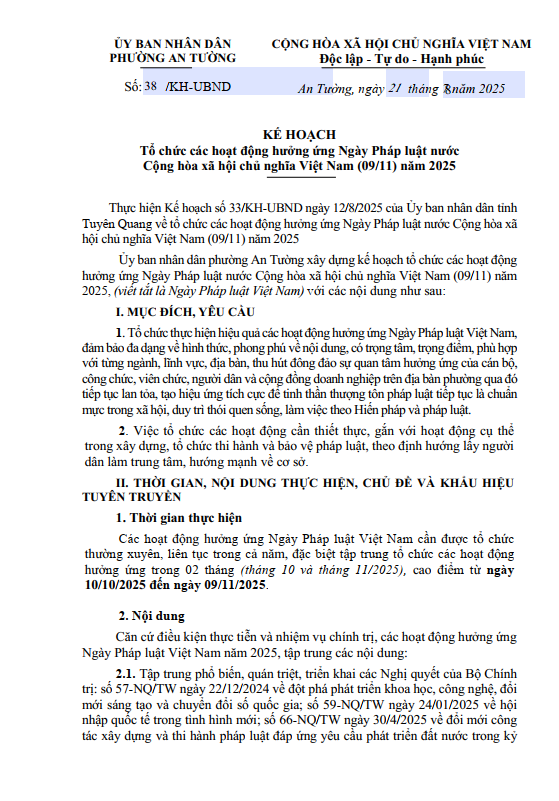 KẾ HOẠCH Tổ chức các hoạt động hưởng ứng Ngày Pháp luật nước Cộng hòa xã hội chủ nghĩa Việt Nam (09/11) năm 2025