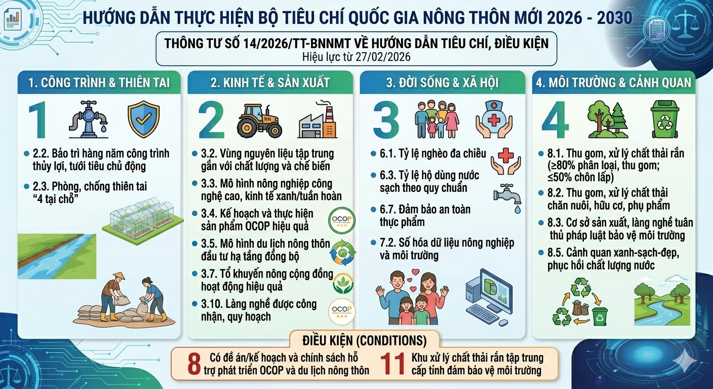 Bộ trưởng Bộ Nông nghiệp và Môi trường hướng dẫn thực hiện một số nội dung tiêu chí, điều kiện thuộc Bộ tiêu chí quốc gia về nông thôn mới giai đoạn 2026 - 2030 