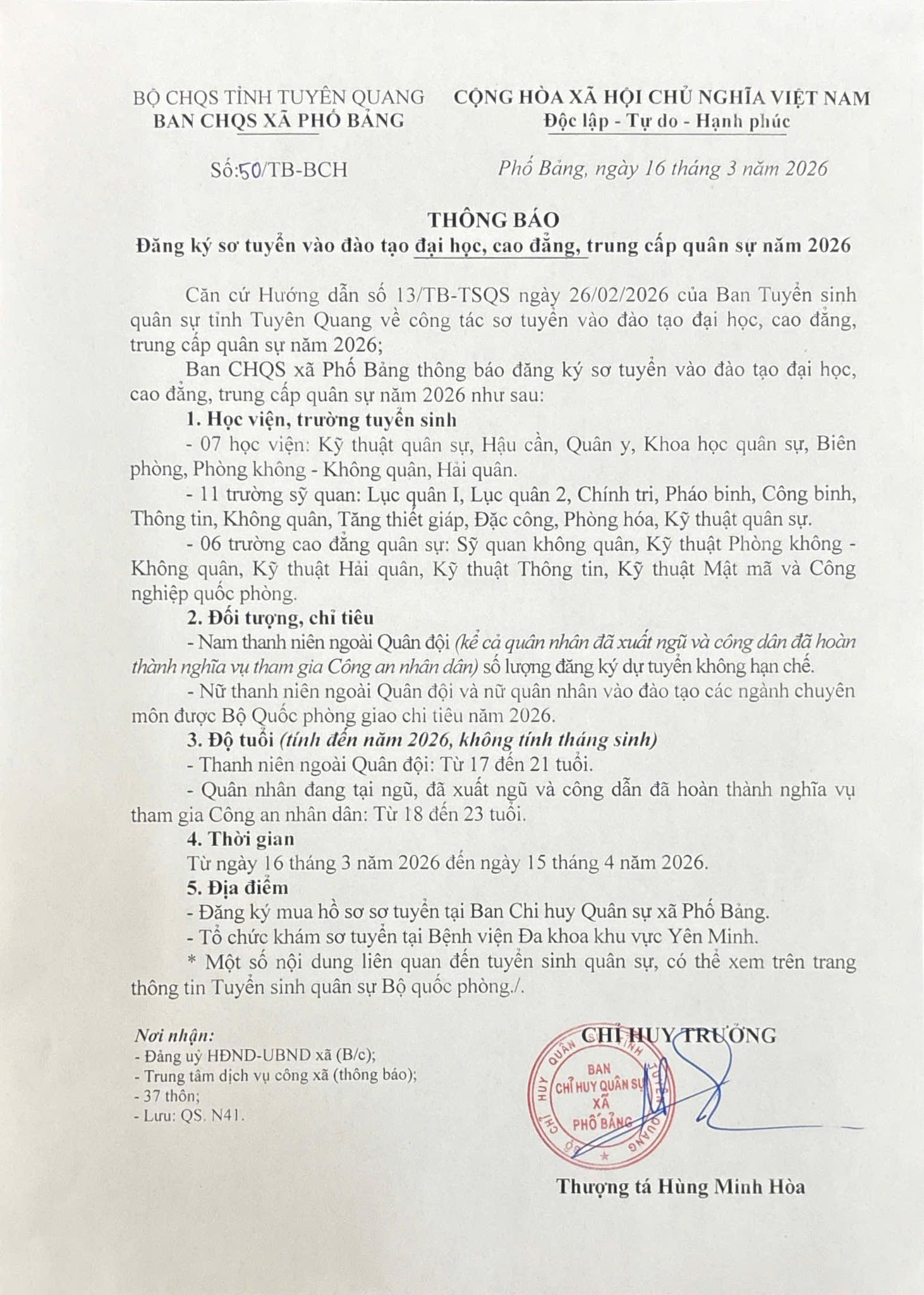 THÔNG BÁO ĐĂNG KÝ SƠ TUYỂN VÀO CÁC TRƯỜNG QUÂN SỰ NĂM 2026