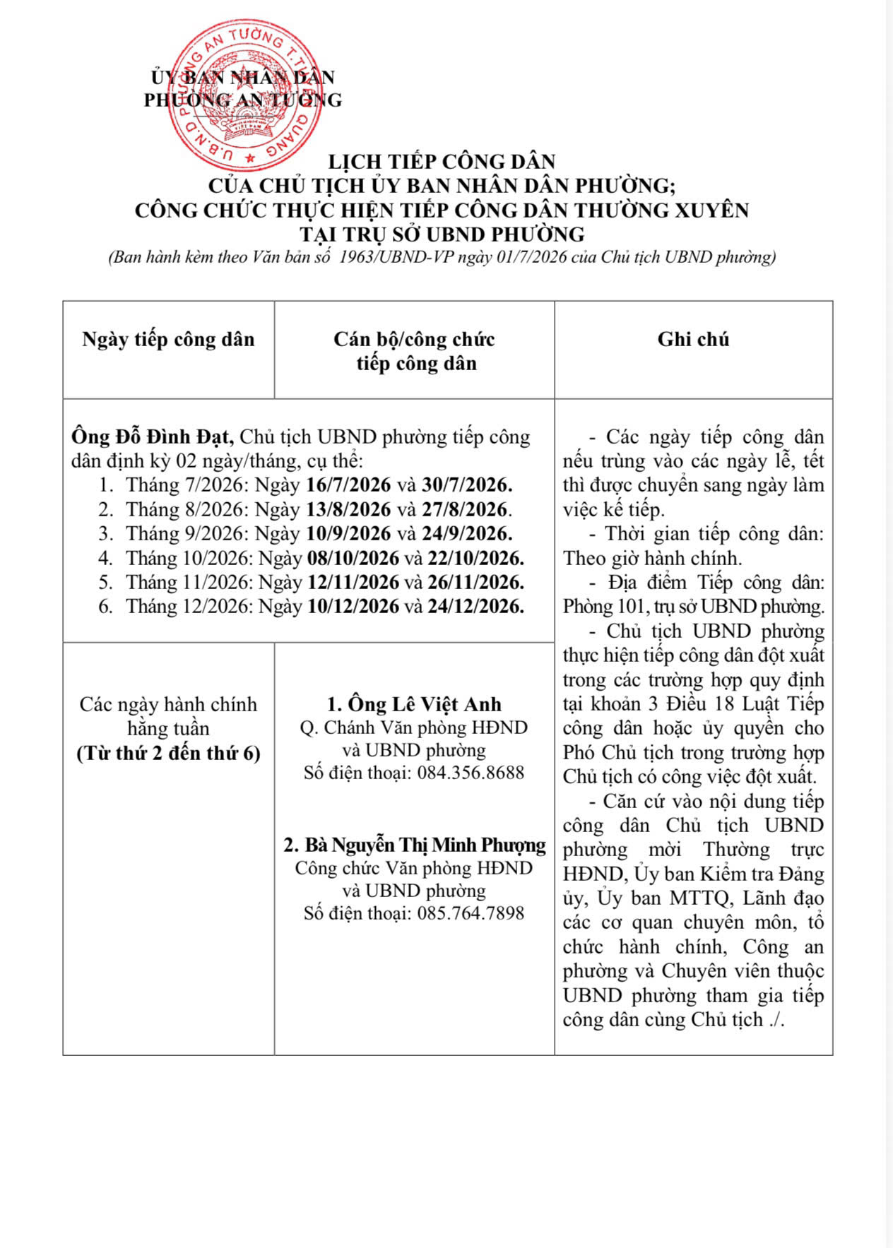 UBND phường An Tường thông báo Lịch tiếp công dân của Chủ tịch UBND phường 6 tháng cuối năm 2026 (Áp dụng từ ngày 01/7/2026)
