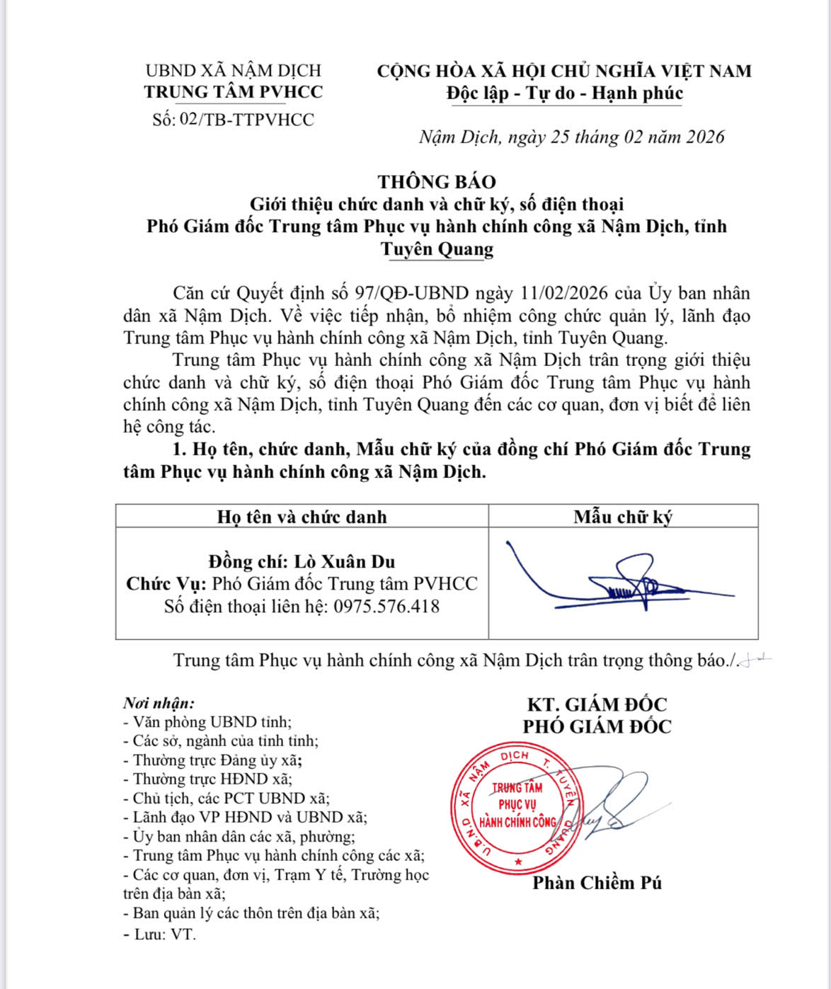 Thông báo chức danh chữ ký, số điện thoại Phó Giám đốc Trung tâm Phục vụ hành chính Công xã Nậm Dịch, tỉnh Tuyên Quang